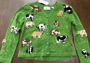 Dream Catcher Green Knitting Cows 3D Cottagecore Granny Cardigan Sweater Size M